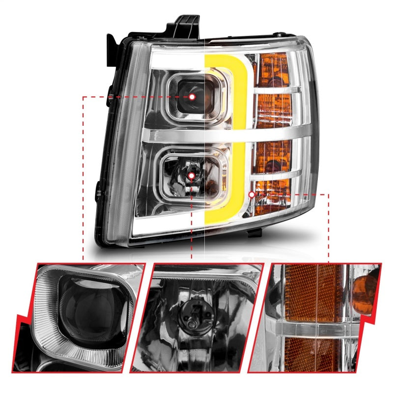 ANZO 111546 2007-2013 Chevrolet Silverado 1500 Projector w/ Light Bar Chrome Housing w/ Sequential