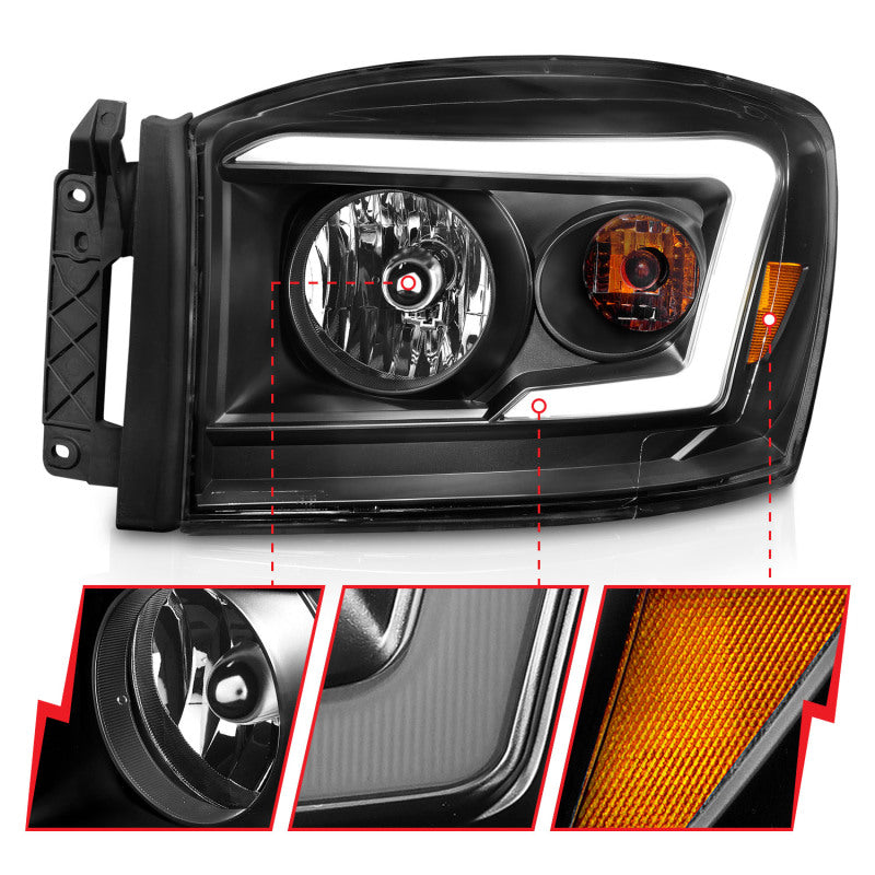 ANZO 111524 06-09 Dodge RAM 1500/2500/3500 Headlights Black Housing/Clear Lens (w/ Light Bars)