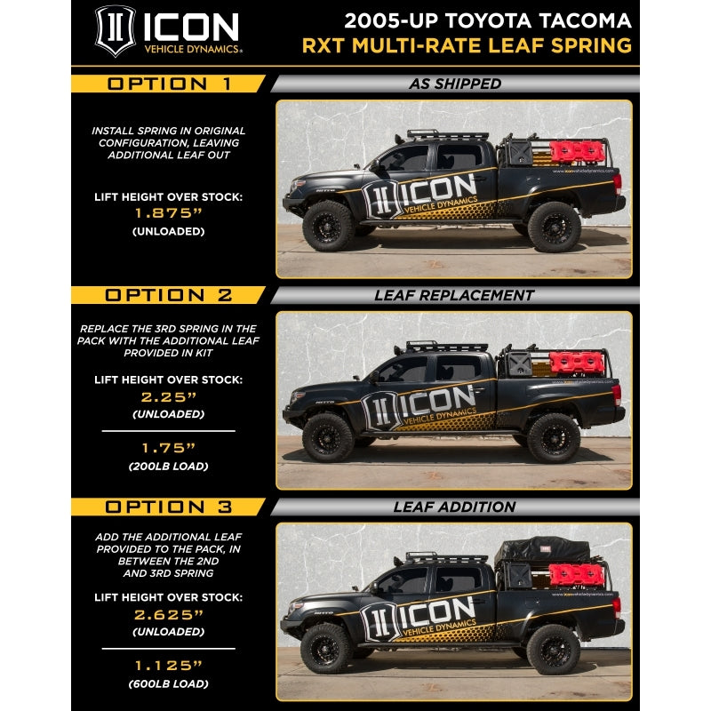 ICON 158505 2005+ Toyota Tacoma Multi Rate RXT Leaf Pack w/Add In Leaf
