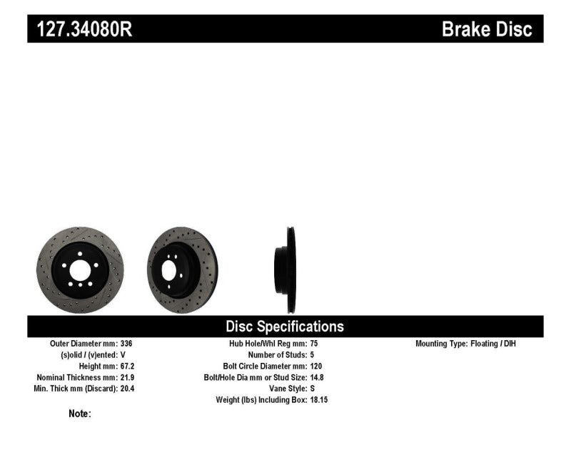 Stoptech 127.34080R StopTech 06 BMW 330 / 07-09 BMW 335 Slotted & Drilled Right Rear Rotor