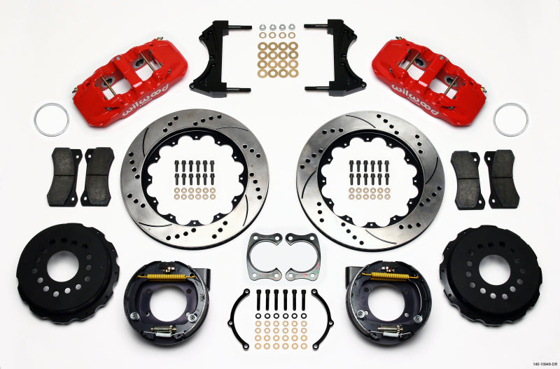 Wilwood 140-10948-DR AERO4 Rear P-Brake Kit 14.00in Drill Red Big Ford New Style 2.50in Offset
