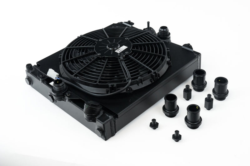 CSF 2858XB Universal Half Radiator w/-16AN & Slip-On Fittings/12in SPAL Fan & Shroud - Black Finish
