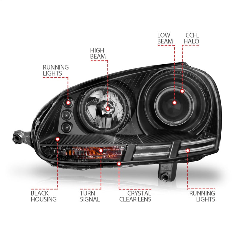 ANZO 121345 2006-2009 Volkswagen Rabbit Projector Headlights w/ Halo Black (CCFL)