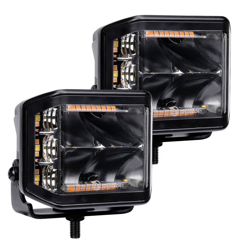 Go Rhino 750700322SCS Xplor Blackout Combo Series Cube Sideline LED Spot Lights w/ Amber 4x3 - Blk (Pair)