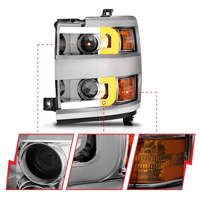 ANZO 111366 Projector Headlights 15-17 Chevrolet Silverado 2500HD / 3500HD Chrome w/ Chrome Rim