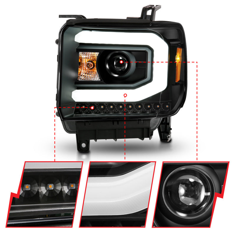 ANZO 111513 2014-2015 GMC Sierra 1500 Projector Headlights w/ Light Bar Black Housing (Halogen Type)