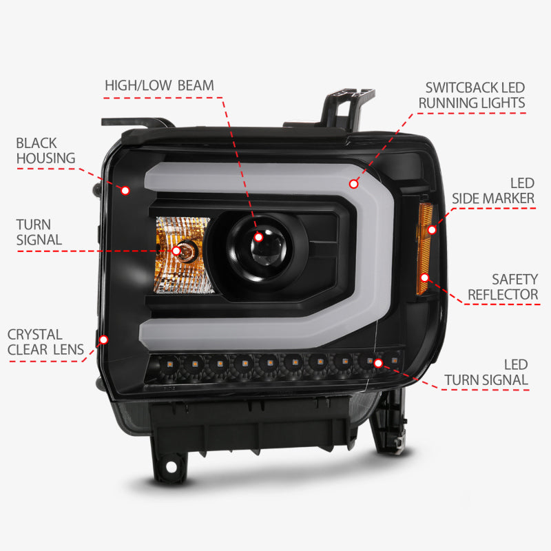 ANZO 111487 GMC SIERRA 1500 14-15 2500H/15-19 Projector Headlight Plank Style Black w/ Switchback (Halogen)