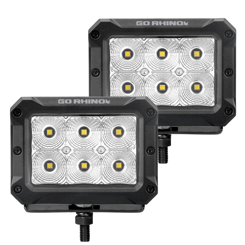 Go Rhino 753003023FBS Xplor Bright Series Rectangle LED Flood Light Kit (Surface/Thread Std Mnt) 4x3 - Blk (Pair)