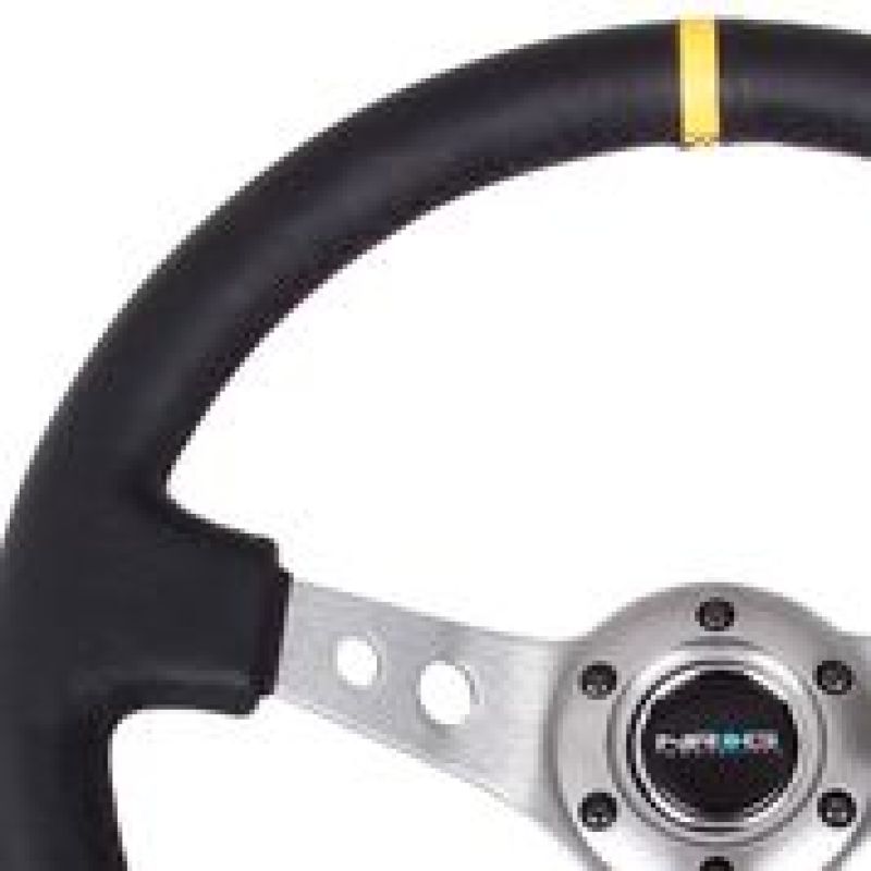NRG RST-006GM-Y Reinforced Steering Wheel (350mm / 3in. Deep) Blk Leather w/Gunmetal Cutout Spoke & Yellow CM