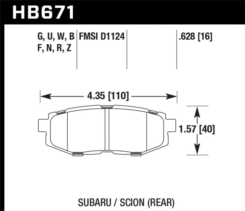 Hawk Performance HB671G.628 Hawk 13 Scion FR-S / 13 Subaru BRZ/10-12 Legacy 2.5 GT/3.6R DTC-60 Race Rear Brake Pads