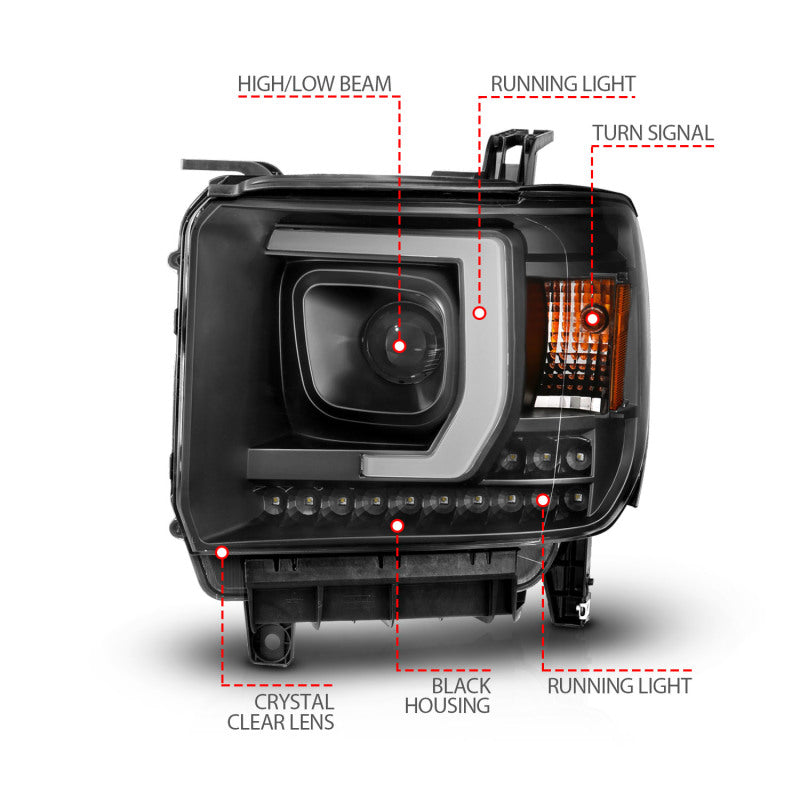 ANZO 111450 2014-2015 GMC Sierra 1500HD Projector Plank Style Headlight Black W/ Drl