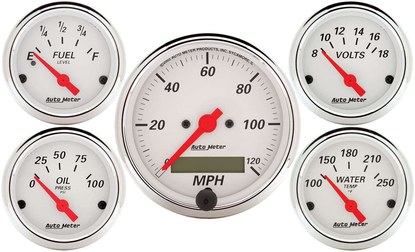 AutoMeter 1302 Autometer Arctic White 5 Pc Kit Box w/ Elec Speedo, Elec Oil Press, Water Temp, Volt, Fuel Level