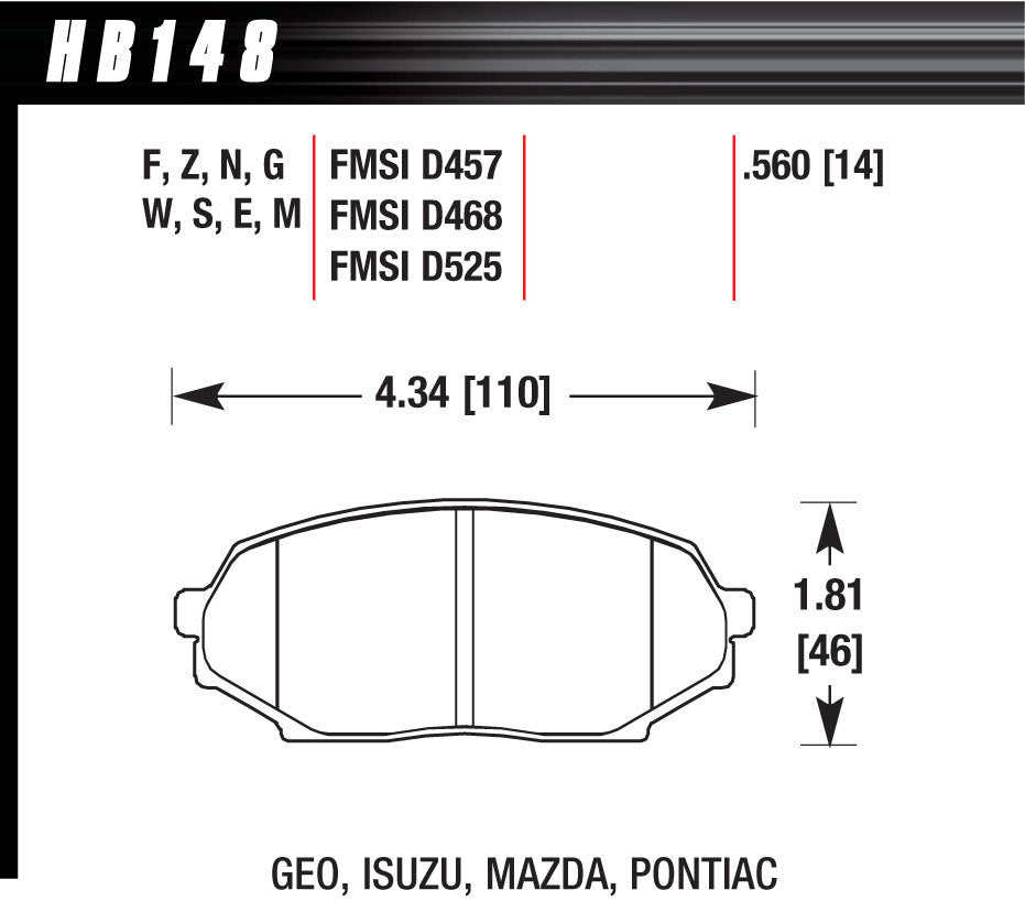 Hawk Brake HAWHB148W560 Brake Pad 91-94 Miata Front DTC-30