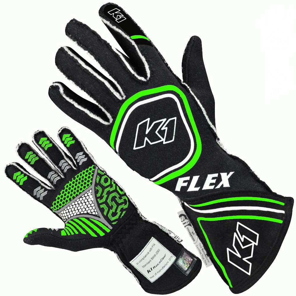 K1 Racegear K1R23-FLX-NFV-M Glove Flex Medium Black / Flo Green SFI / FIA