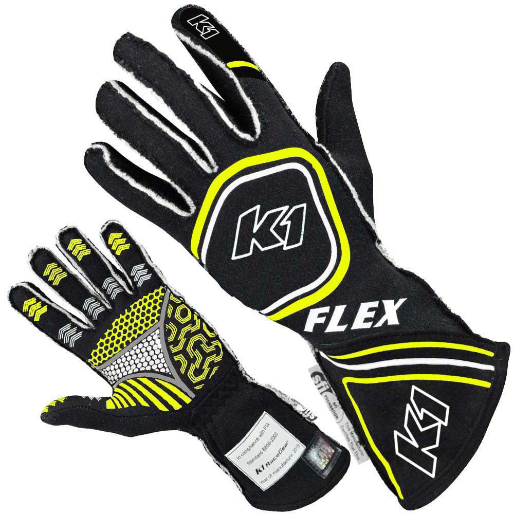 K1 Racegear K1R23-FLX-NFY-XL Glove Flex X-Large Black / Flo Yellow SFI / FIA
