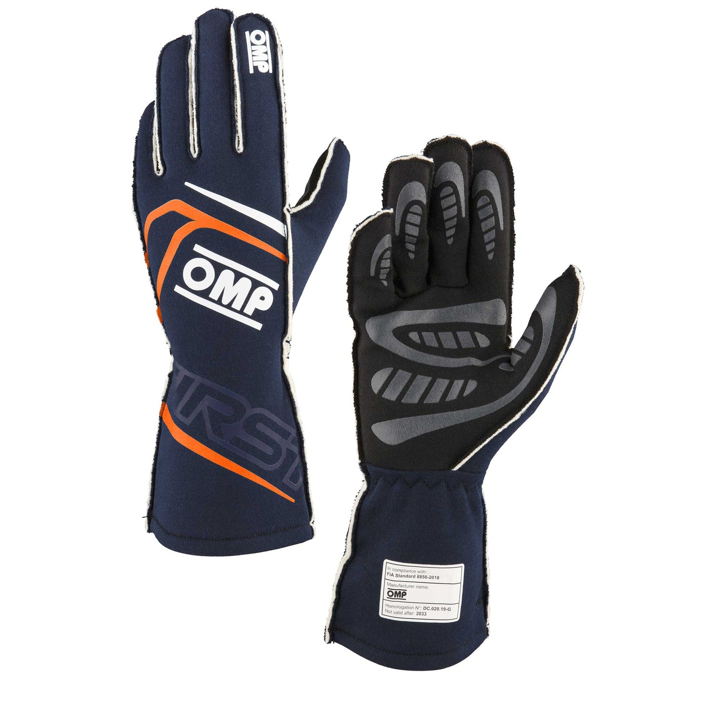 OMP Racing, Inc. OMPIB0-0776-B01-249-L FIRST GLOVES FIA 8856-20 18 MY2025 NAVY BLUE / FL