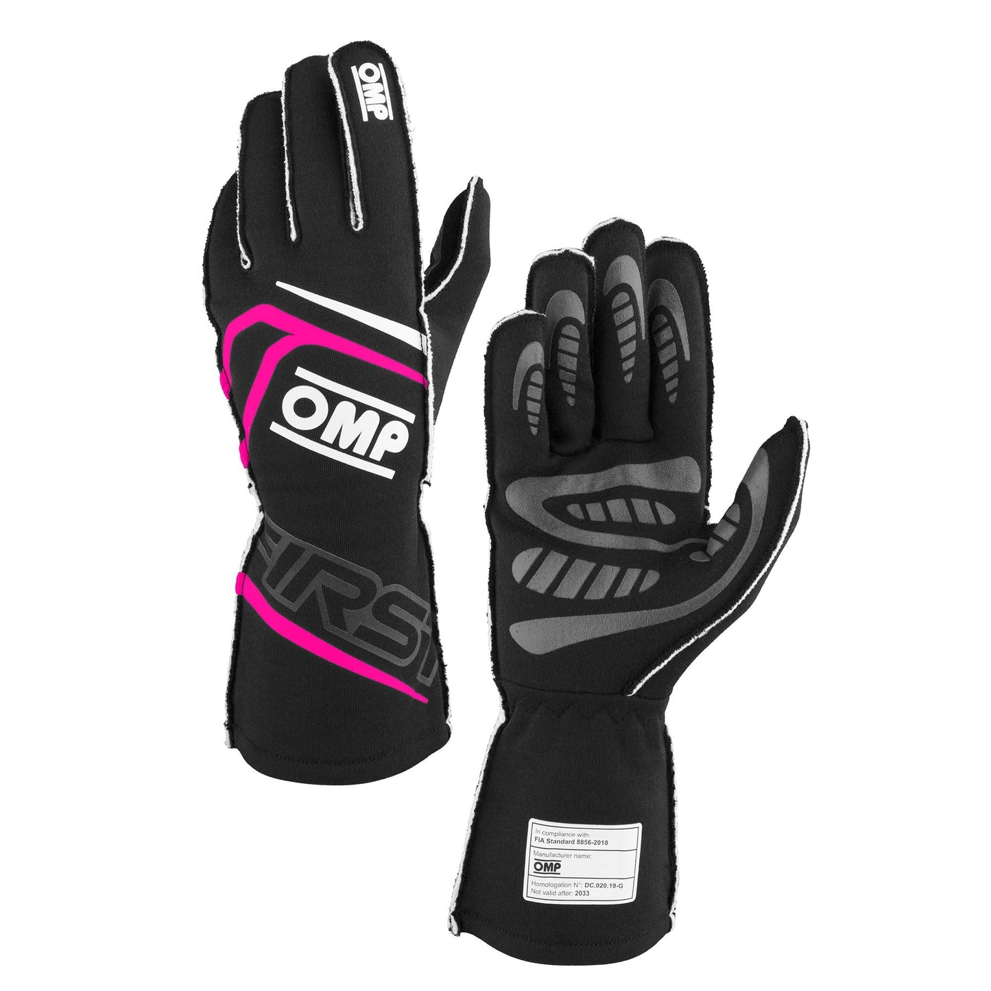OMP Racing, Inc. OMPIB0-0776-B01-277-XL FIRST GLOVES FIA 8856-20 18 MY2025 BLACK / FUCHSI