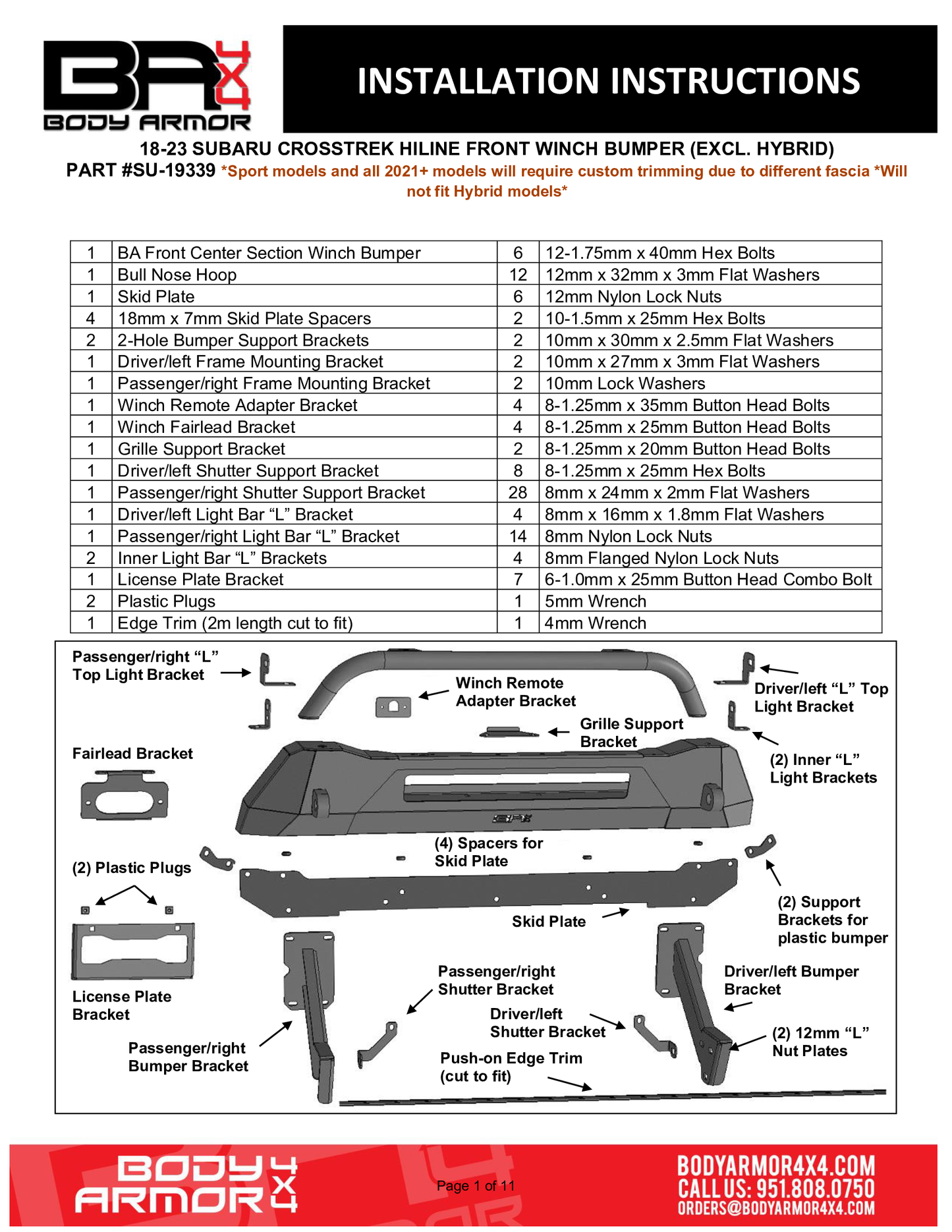 Body Armor 4x4 SU-19339 18-21 Subaru Crosstrek HiLine Front Winch Bumper