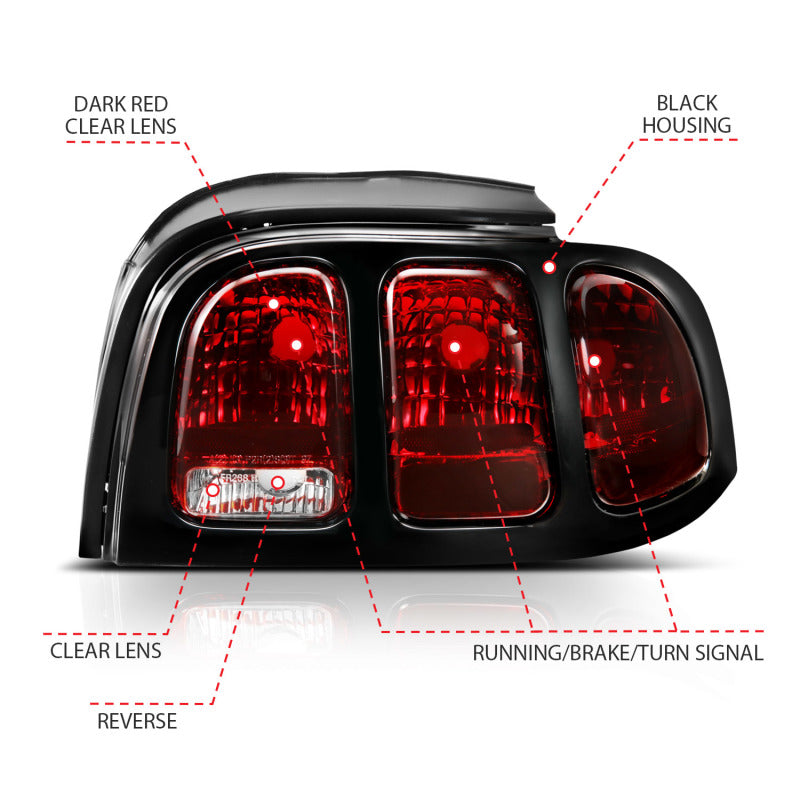 ANZO 321350 1994-1998 Ford Mustang Taillight Dark Red Lens (OE Style)