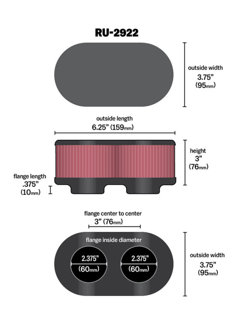 K&N Engineering RU-2922 K&N Filter Universal Filter 2 3/4 inch Dual Flange GSXR Oval (2/Box)