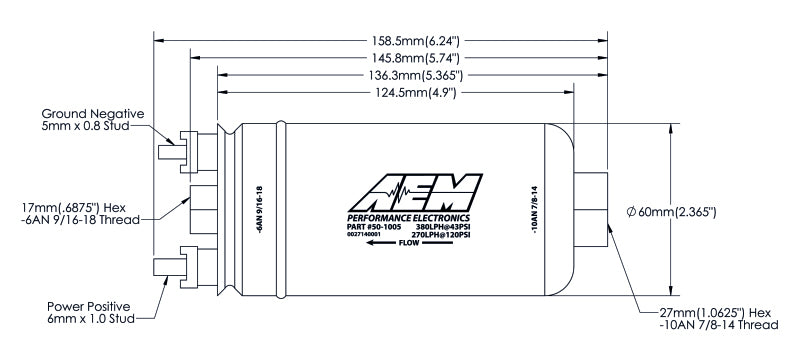 AEM 50-1005 400LPH High Pressure Fuel Pump -6AN Female Out, -10AN Female In
