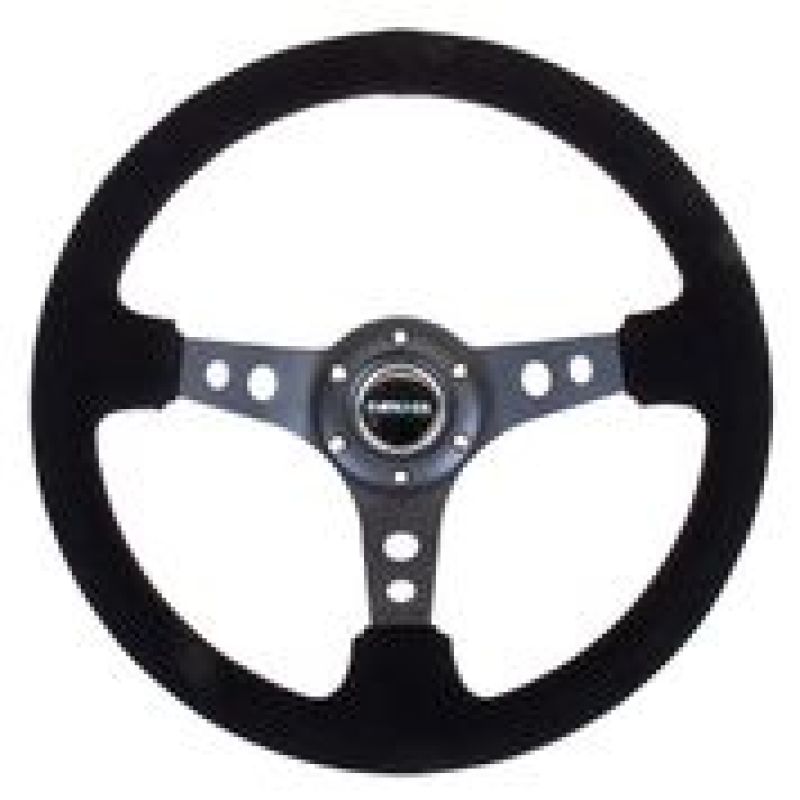 NRG RST-006-S Reinforced Steering Wheel (350mm / 3in. Deep) Blk Suede/Blk Stitch w/Black Circle Cutout Spokes