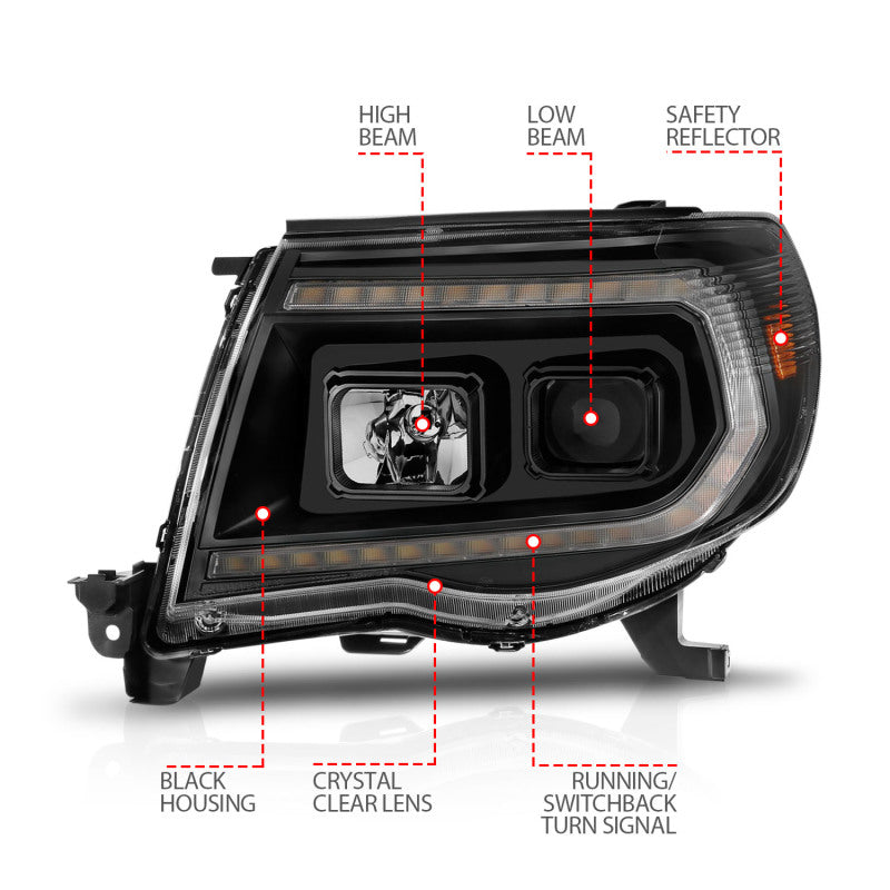 ANZO 111564 05-11 Toyota Tacoma Projector Headlights w/Light Bar Switchback Black Housing