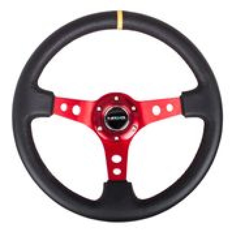 NRG RST-006RD-Y Reinforced Steering Wheel (350mm / 3in. Deep) Blk Leather w/Red Spokes & Sgl Yellow Center Mark