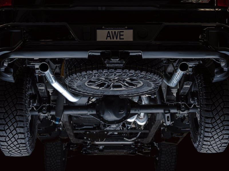 AWE Tuning 3015-31972 22-23 GMC Sierra 1500 AT4X 6.2L 0FG Catback Split Dual (Flat Bumper) - Bashguard(No Tips)