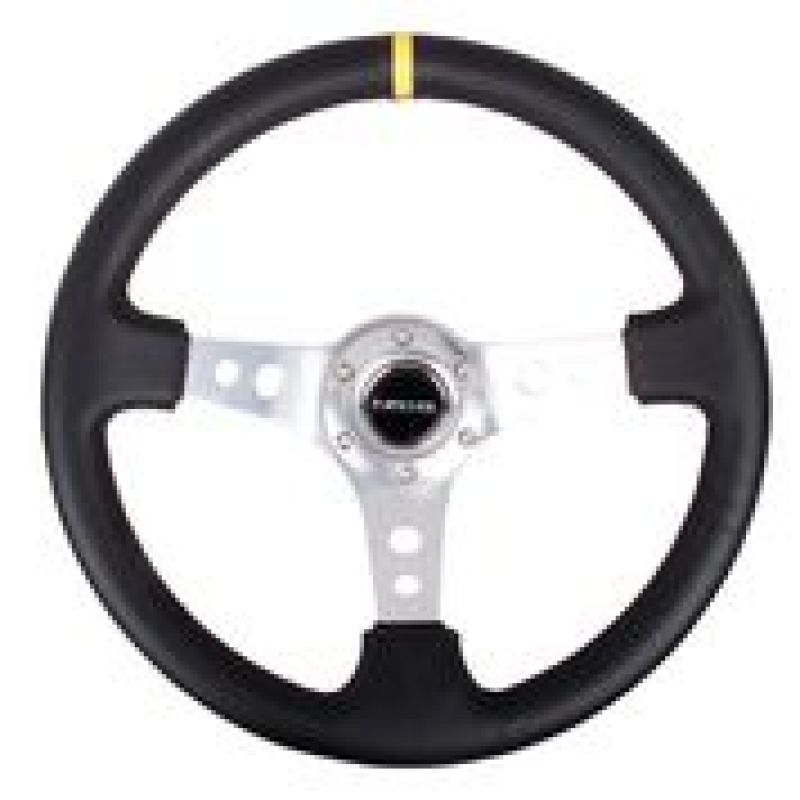 NRG RST-006SL-Y Reinforced Steering Wheel (350mm / 3in. Deep) Blk Leather w/Circle Cut Spokes & Single Yellow CM