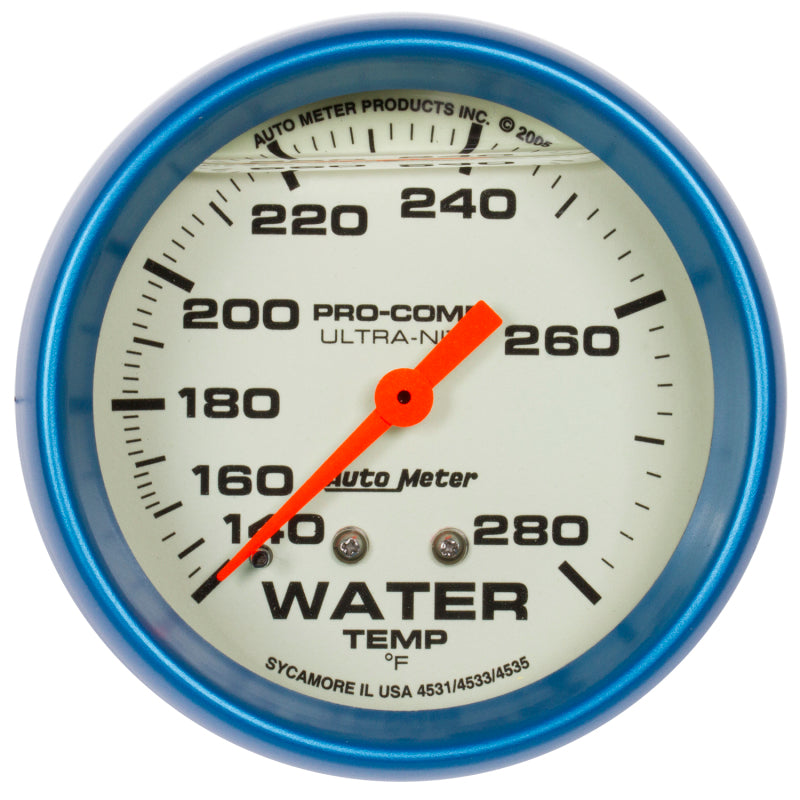 AutoMeter 4231 Autometer Ultra-Nite 2-5/8in 140-280 Degree Liquid Filled Mechanical Glow In Dark Water Temp Gauge