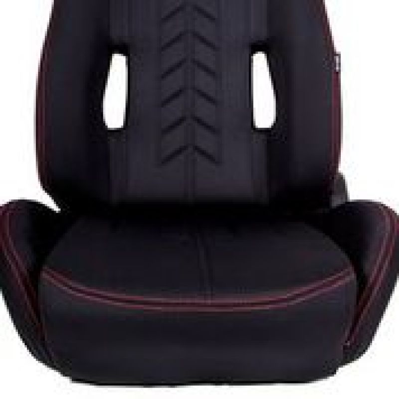 NRG RSC-800L/R Sport Seats (Pair) Cloth w/ Logo & Arrow Cushion Imprint - Black w/Red Stitch