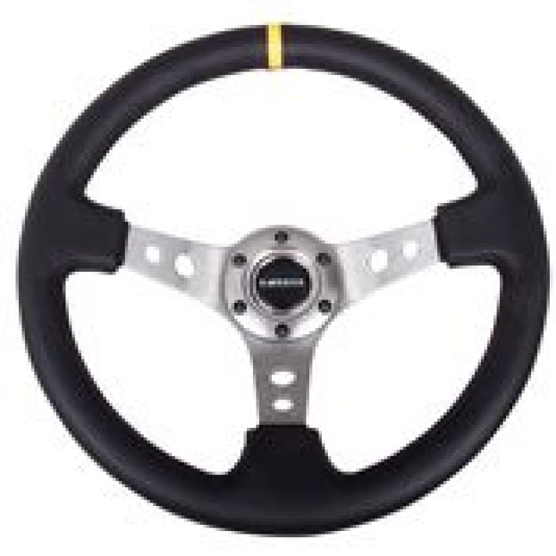 NRG RST-006GM-Y Reinforced Steering Wheel (350mm / 3in. Deep) Blk Leather w/Gunmetal Cutout Spoke & Yellow CM