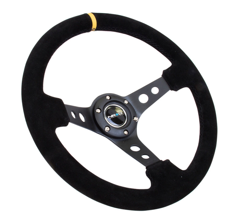 NRG RST-006S-Y Reinforced Steering Wheel (350mm / 3in. Deep) Blk Suede w/Circle Cut Spokes & Single Yellow CM