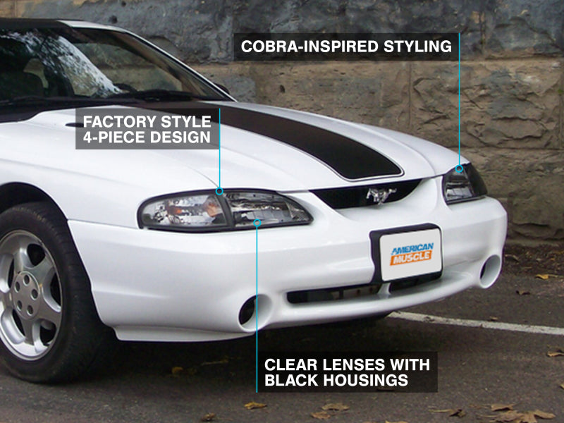 Raxiom 49050 94-98 Mustang Axial Series Cobra Style Headlights- Black Housing (Clear Lens)