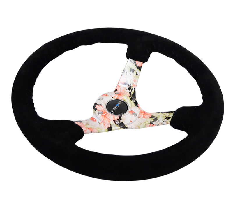 NRG RST-036FL-S Reinforced Steering Wheel (350mm / 3in. Deep) Blk Suede Floral Dipped w/ Blk Baseball Stitch