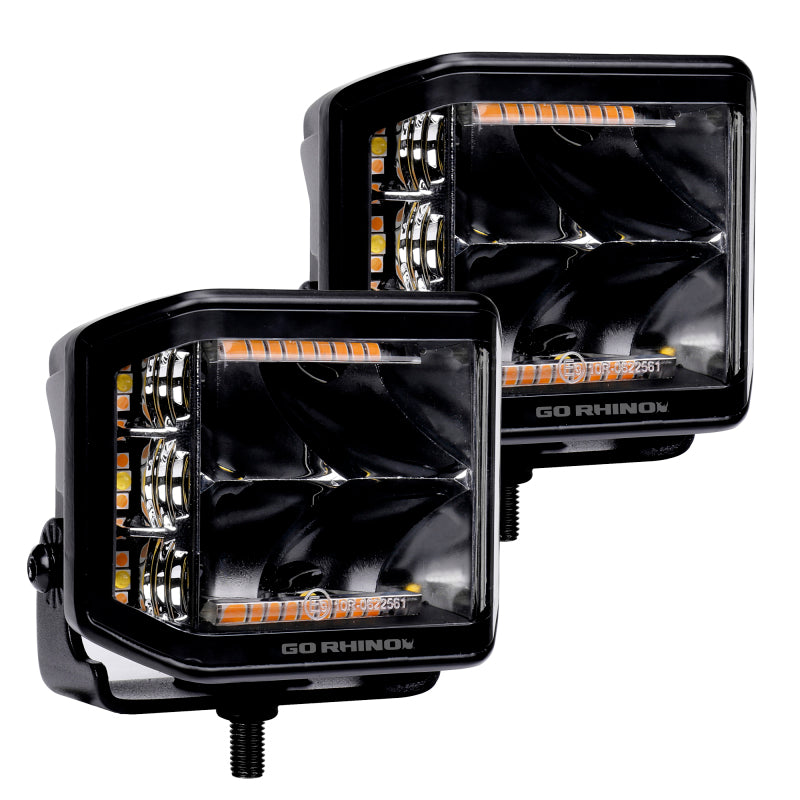 Go Rhino 750700322SCS Xplor Blackout Combo Series Cube Sideline LED Spot Lights w/ Amber 4x3 - Blk (Pair)
