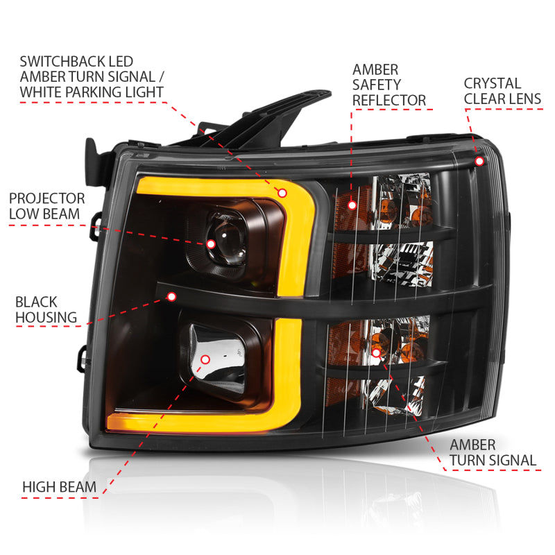 ANZO 111410 07-13 Chevrolet Silverado 1500 Plank Style Projector Headlights Black w/ Amber