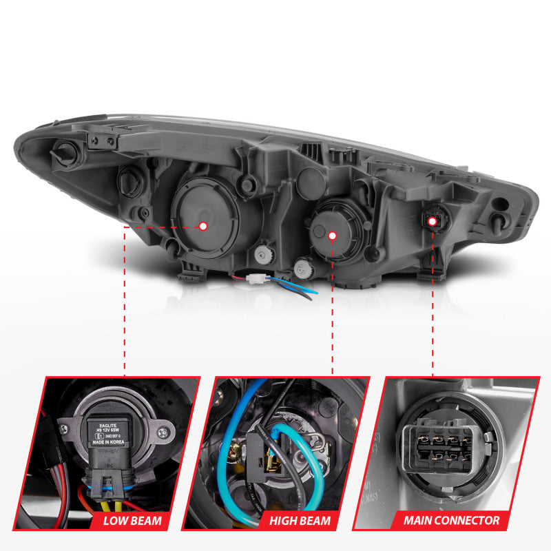 ANZO 121562 2014-2016 Kia Forte Projector Headlights w/ Light Bar Black Housing w/ DRL