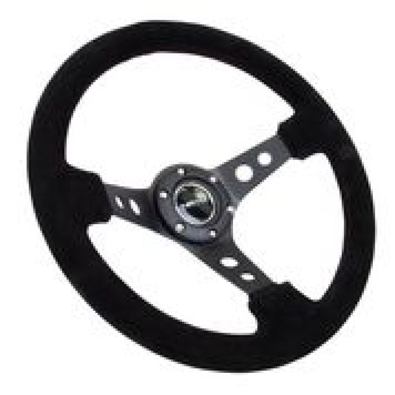NRG RST-006-S Reinforced Steering Wheel (350mm / 3in. Deep) Blk Suede/Blk Stitch w/Black Circle Cutout Spokes
