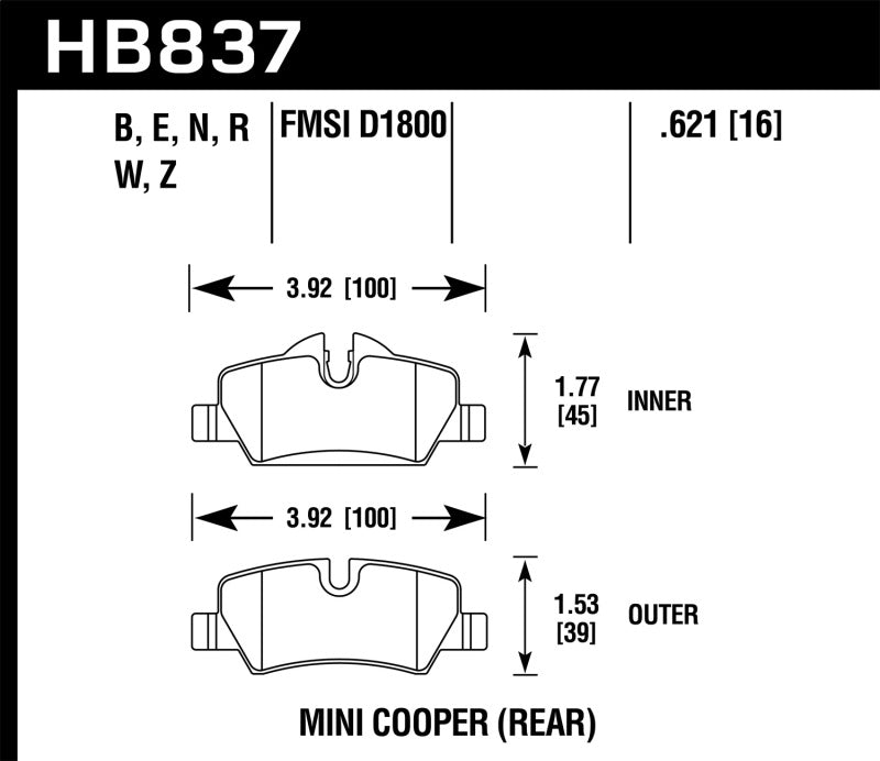 Hawk Performance HB837B.621 Hawk 14-17 Mini Cooper HPS 5.0 Rear Brake Pads