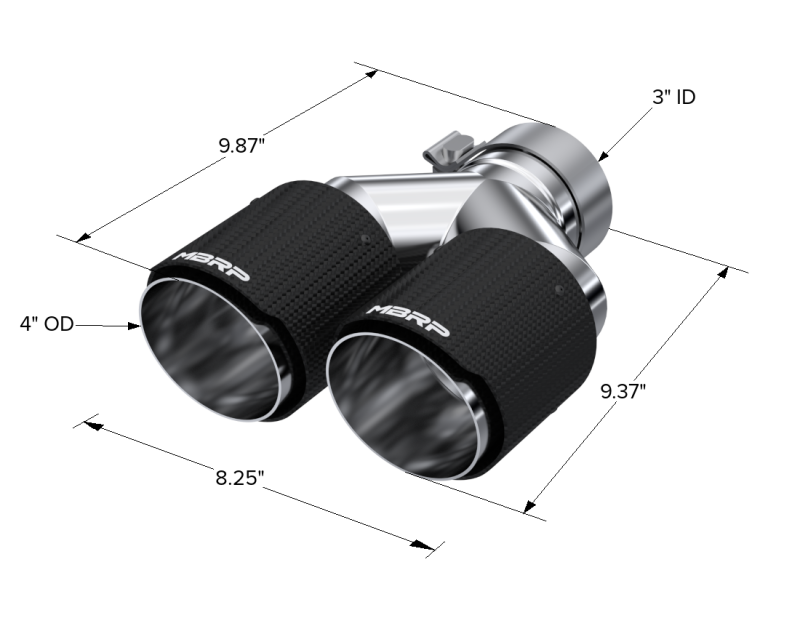 MBRP T5182CF 3in ID / Dual 4in OD Out Staggered L 9.87in / R 9.37in Dual Wall Carbon Fiber Univ Exhaust Tip