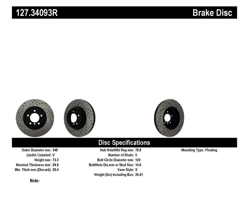 Stoptech 127.34093R StopTech 07-09 BMW 335 (E90/E92/E93) Slotted & Drilled Right Front Rotor