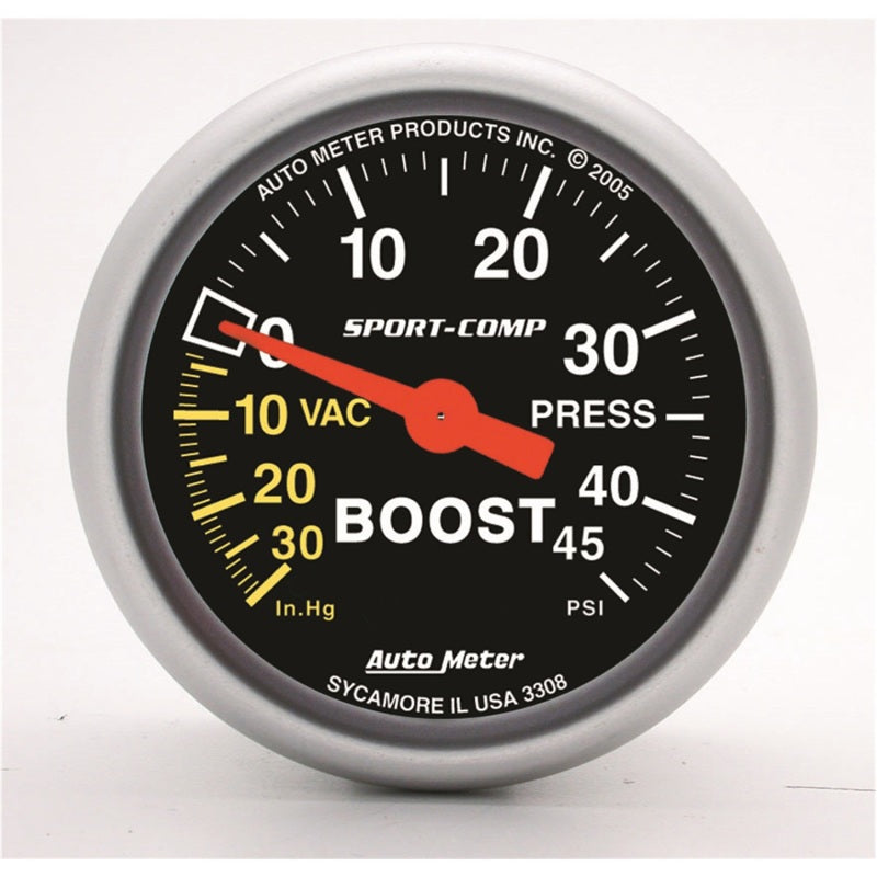 AutoMeter 3308 Autometer Sport-Comp 52mm 45 PSI Mechanical Boost Gauge