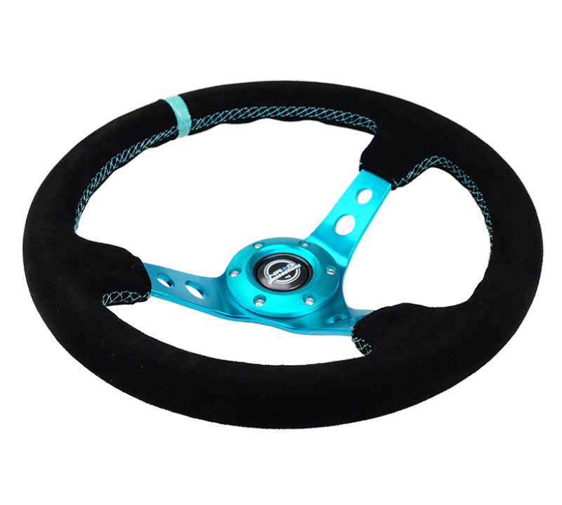 NRG RST-006S-TL Reinforced Steering Wheel (350mm/ 3in. Deep) Black Suede/ Teal Center Mark/ Teal Stitching