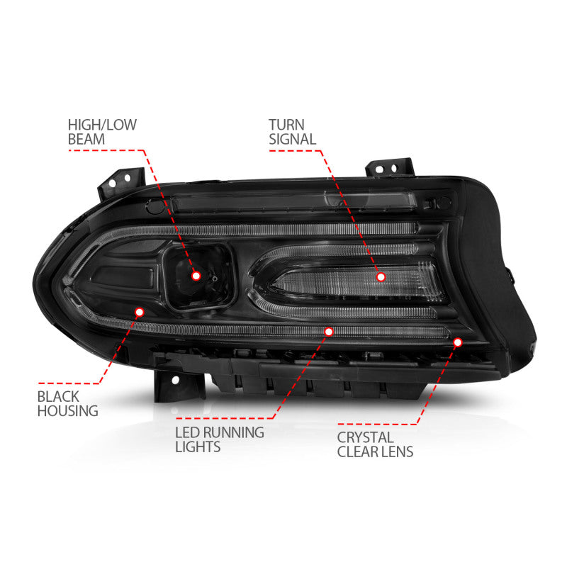ANZO 121559 2015-2018 Dodge Charger Projector Headlights Plank Style Black