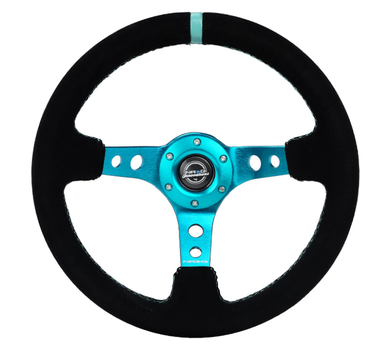 NRG RST-006S-TL Reinforced Steering Wheel (350mm/ 3in. Deep) Black Suede/ Teal Center Mark/ Teal Stitching