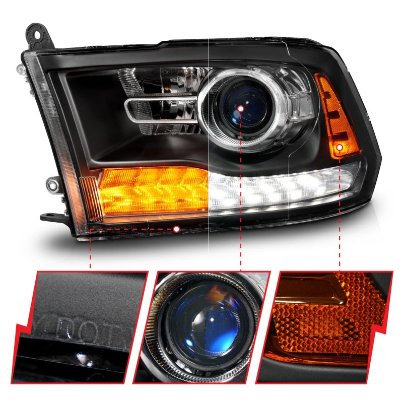 ANZO 111609 09-18 Dodge RAM 1500/2500/3500 LED Plank Style Headlights Switchback + Sequential - Matte Black