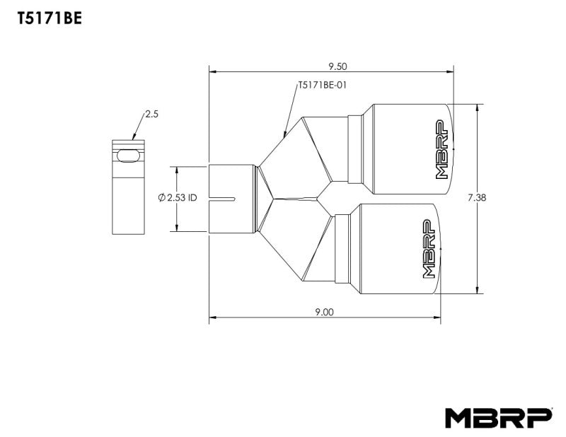 MBRP T5171BE Burnt End Tip 2.5 ID, Dual 3.5 OD Out, 9.5 length, Single wall 304 Stainless Steel