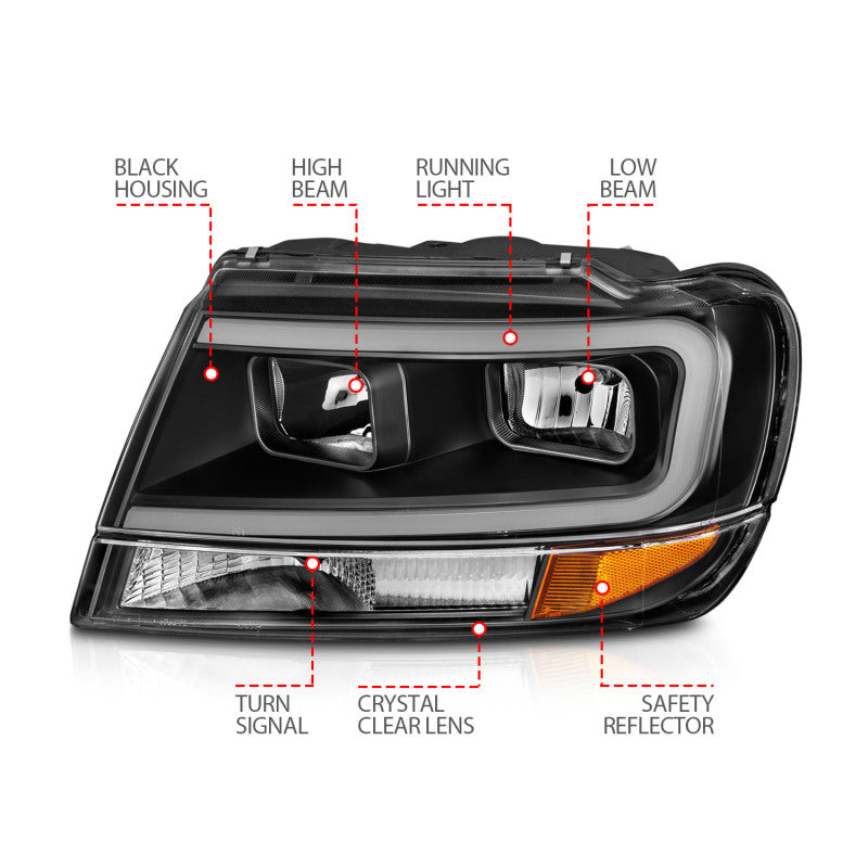 ANZO 111537 99-04 Jeep Grand Cherokee Crystal Headlights - w/ Light Bar Black Housing